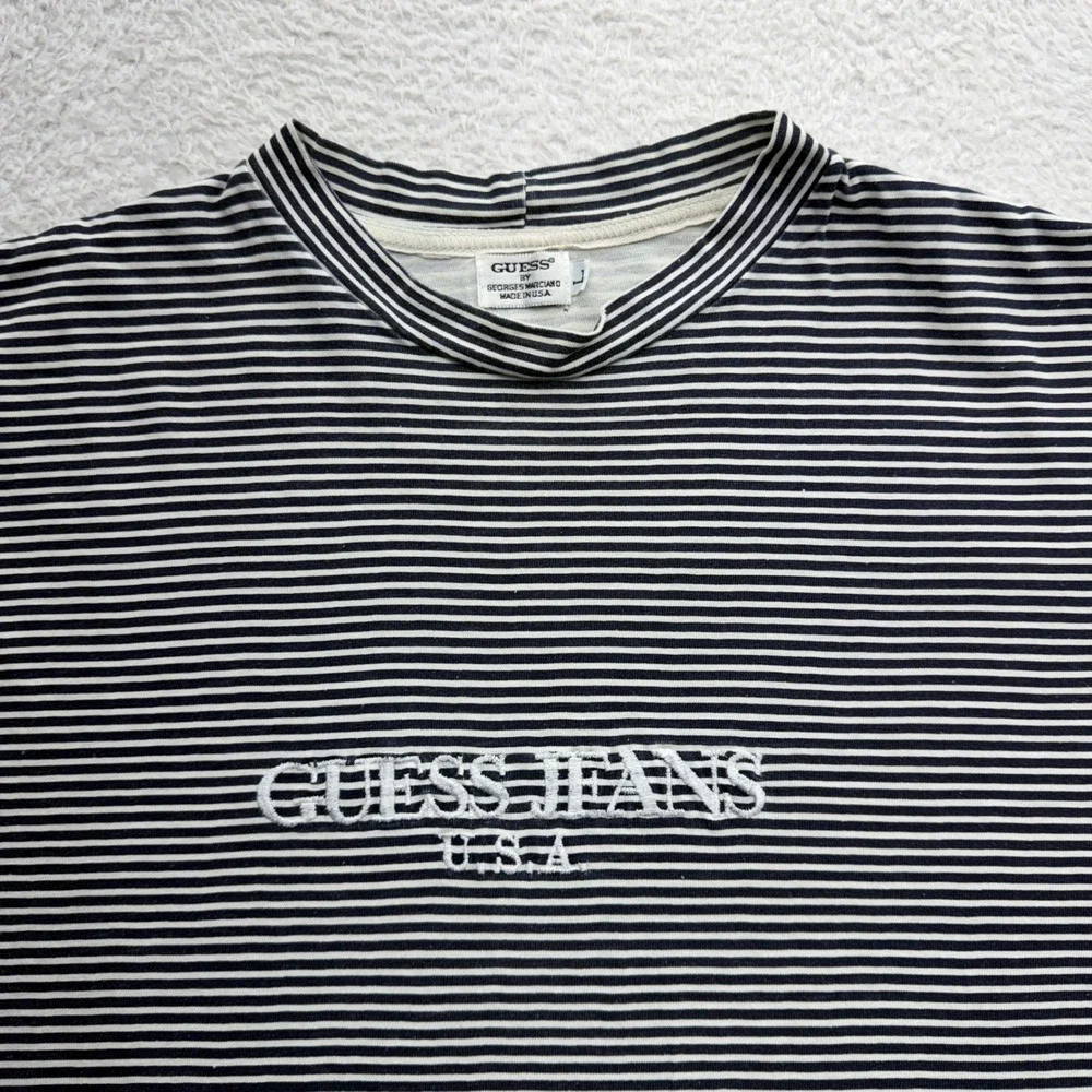 Vintage Guess Jeans USA Striped T-Shirt Georges Marciano Navy White Mens Large - Picture 2 of 9